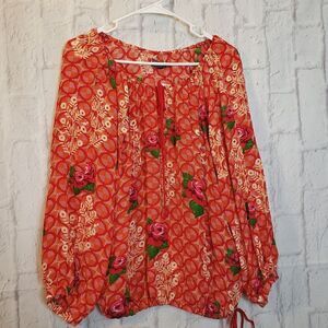 BENARES Red Rose Peasant Blouse Small